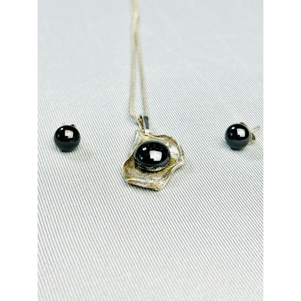 Sterling Silver & Black Stones Necklace Pendant & 8" Chain & Earrings .925‎